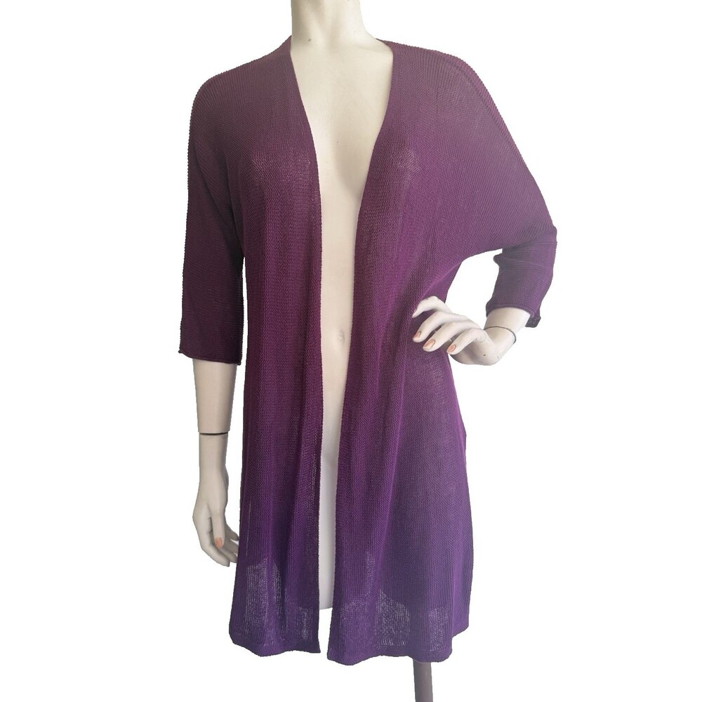 EILEEN FISHER 100% Organic Linen Purple Long Open Front Cardigan Sweater Size L